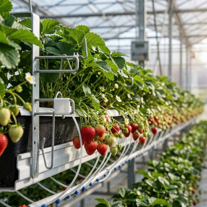 Strawberry plants with drip irrigation in an Armenian greenhouse