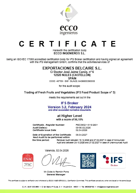 IFS Broker վկայական, Exportaciones Belcaire S.L.
